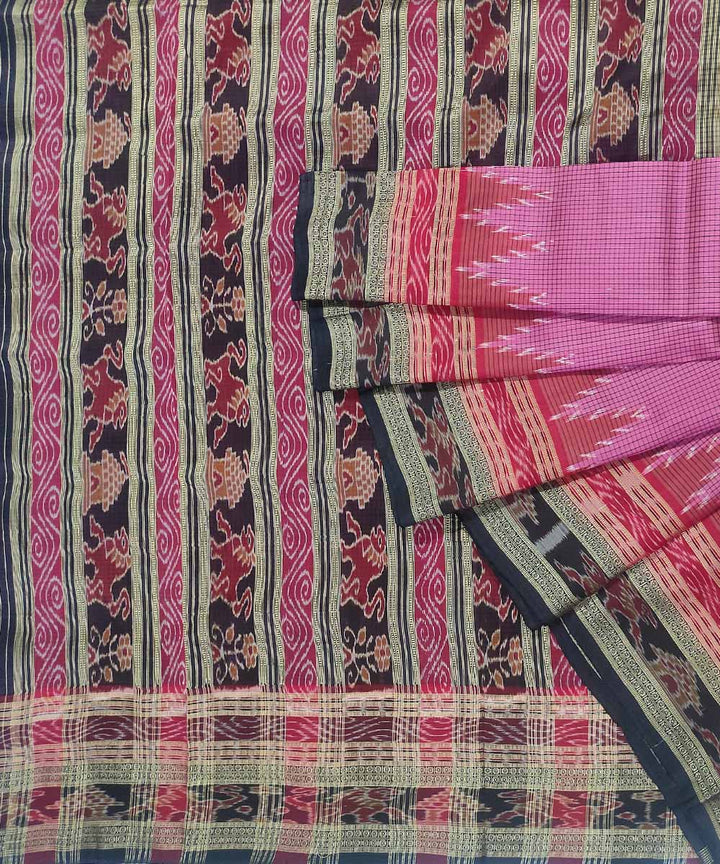 Pink black silk handloom khandua saree