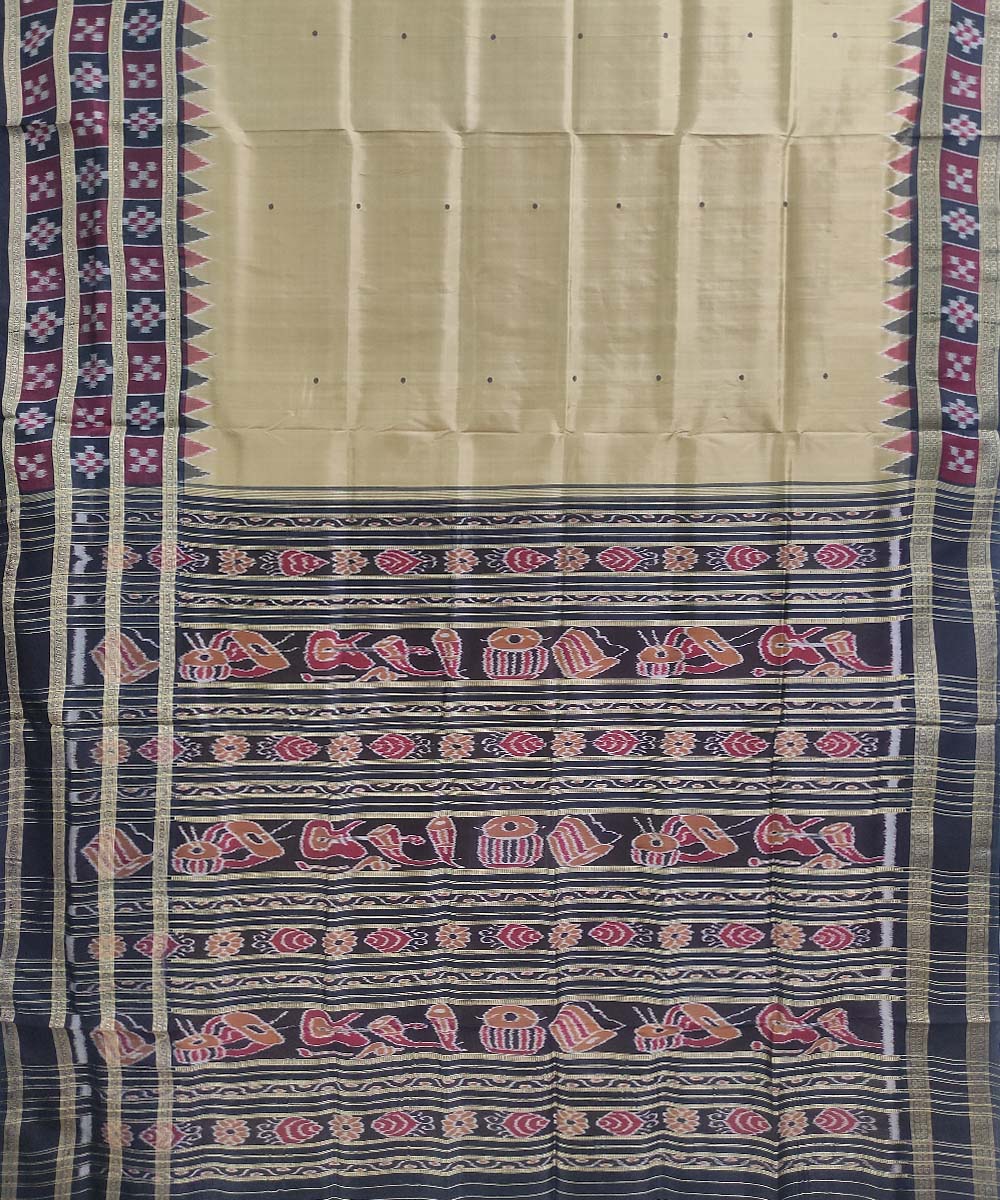 Beige black silk handloom khandua saree