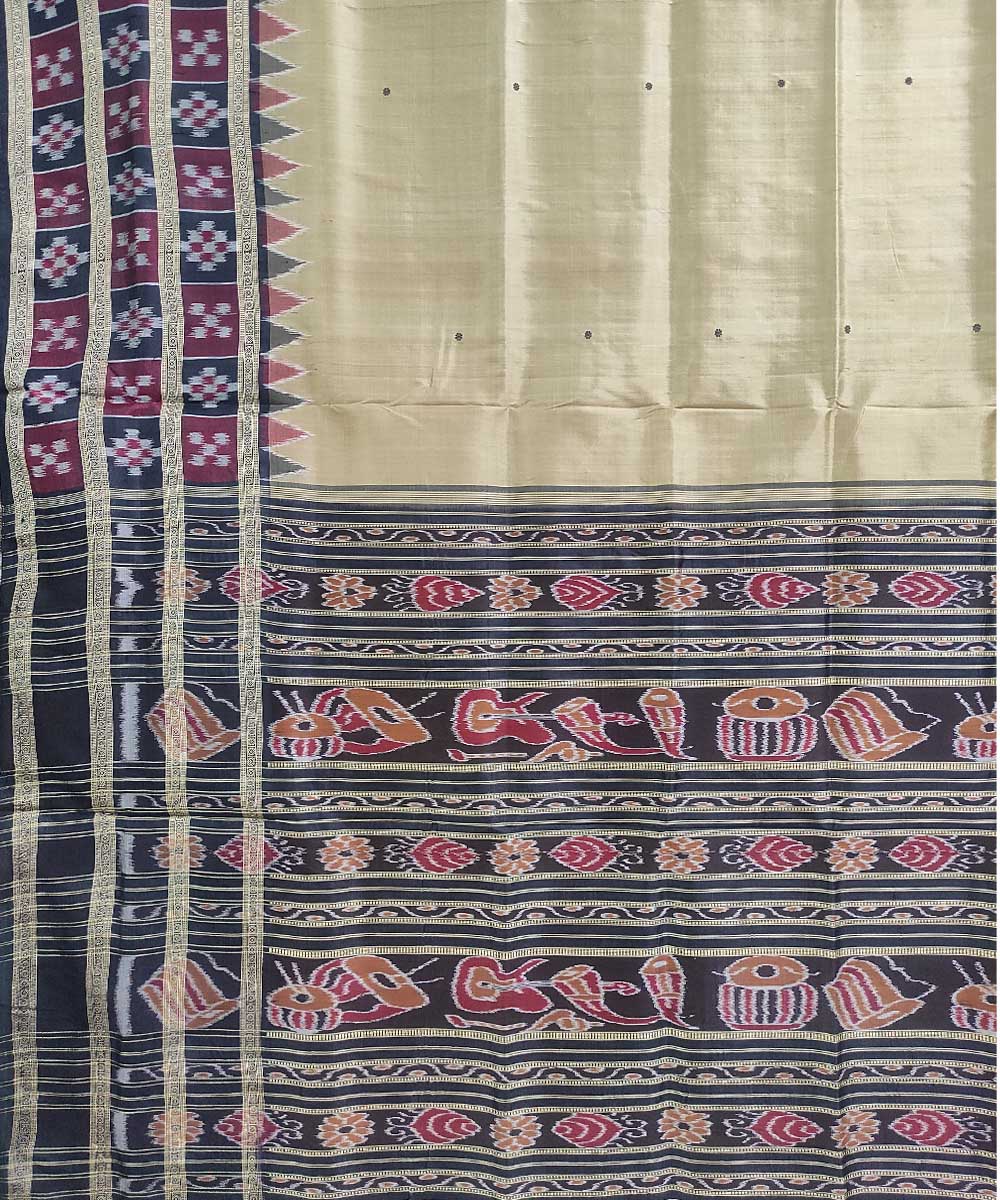 Beige black silk handloom khandua saree