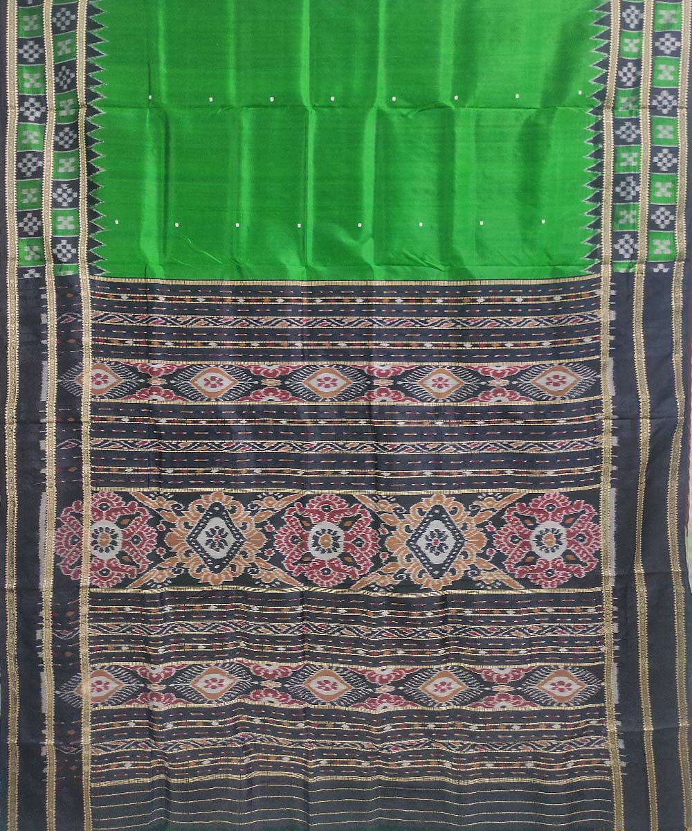 Dark green black silk handloom khandua saree