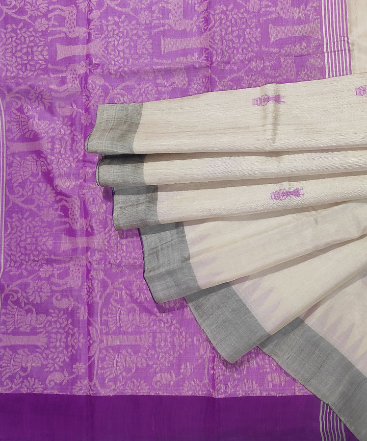 Off white purple tussar silk handloom bomkai saree