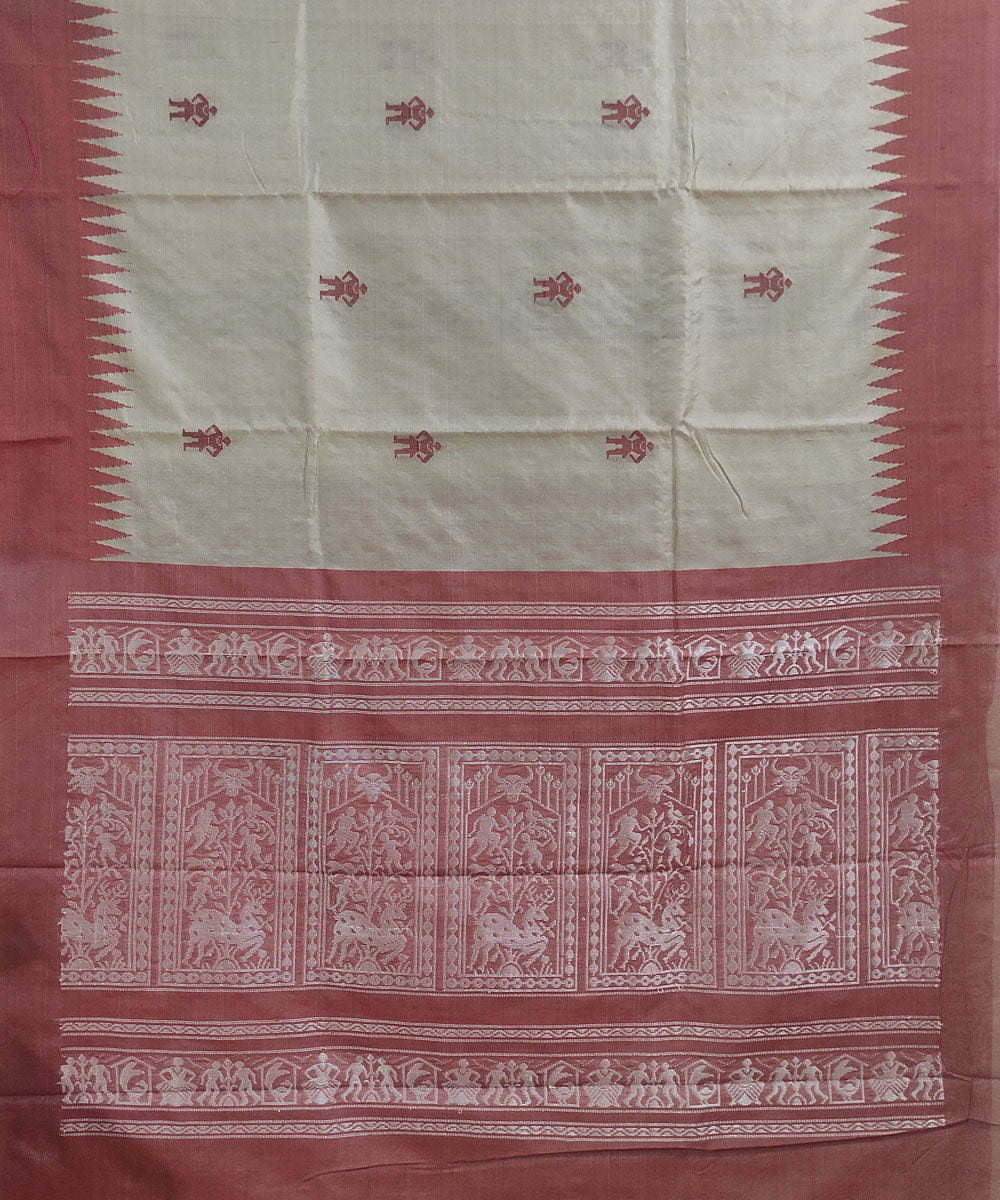 Off white brown tussar silk handloom bomkai saree