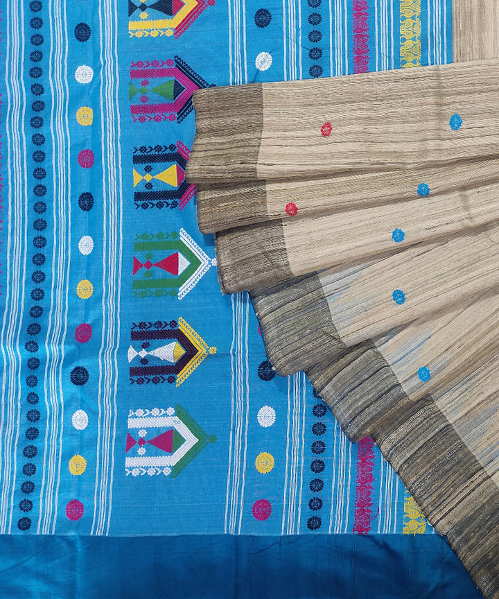 Off white blue tussar silk handloom dongoria saree