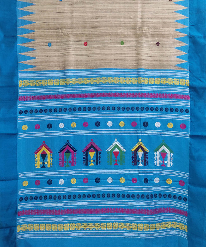 Off white blue tussar silk handloom dongoria saree