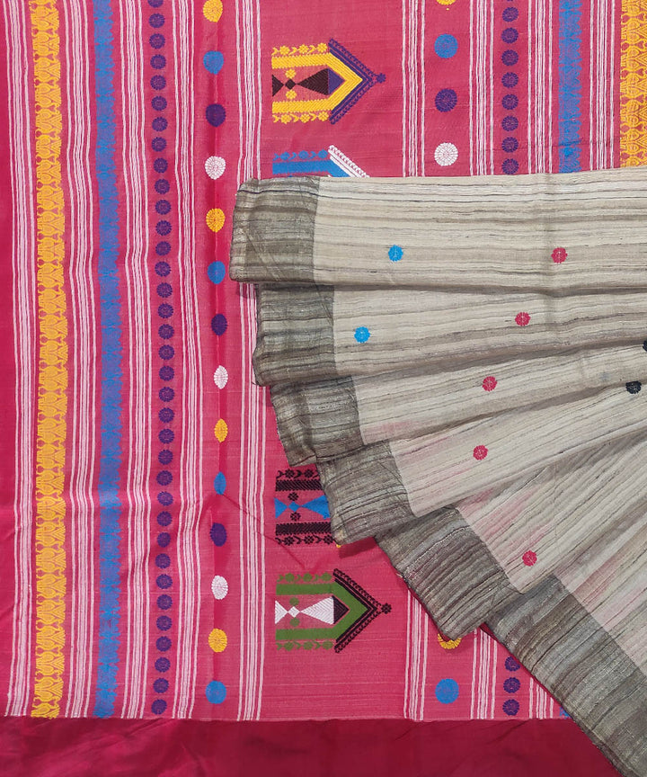 Off white red tussar silk handwoven dongoria saree