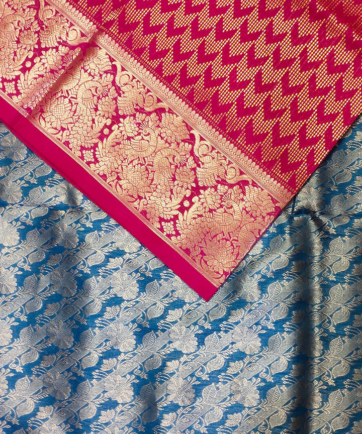 Cyan blue red handwoven silk venkatagiri saree