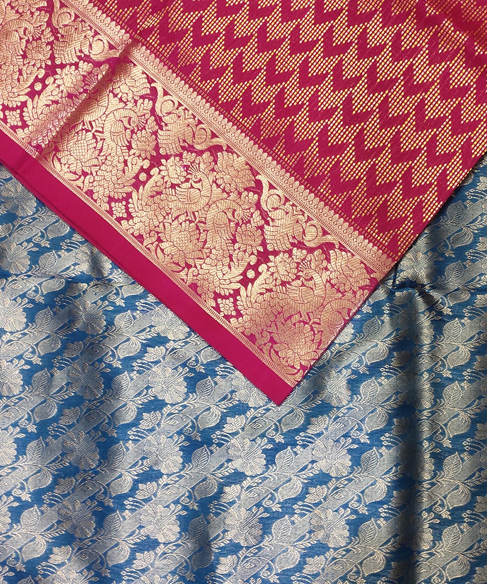 Cyan blue red handwoven silk venkatagiri saree