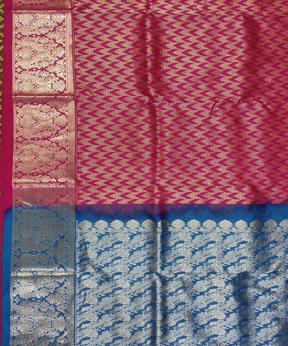 Cyan blue red handwoven silk venkatagiri saree