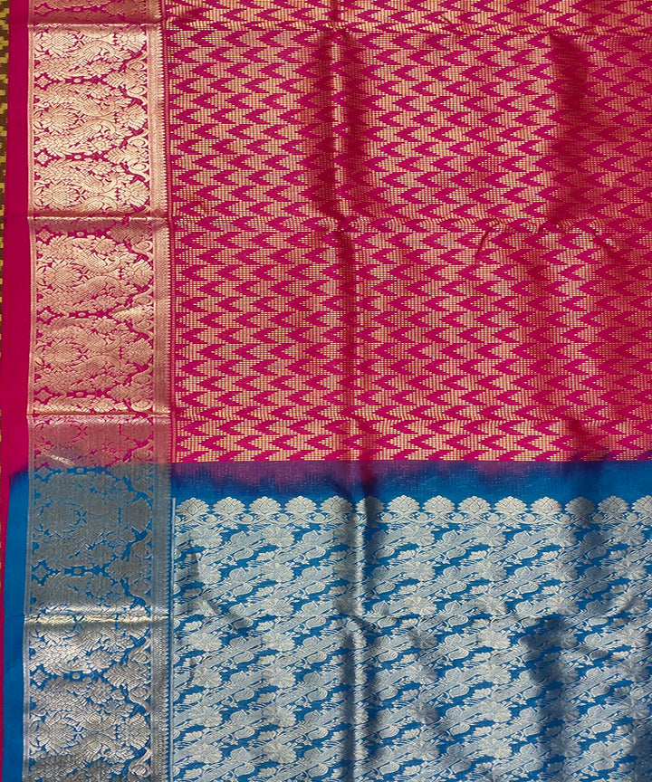 Cyan blue red handwoven silk venkatagiri saree
