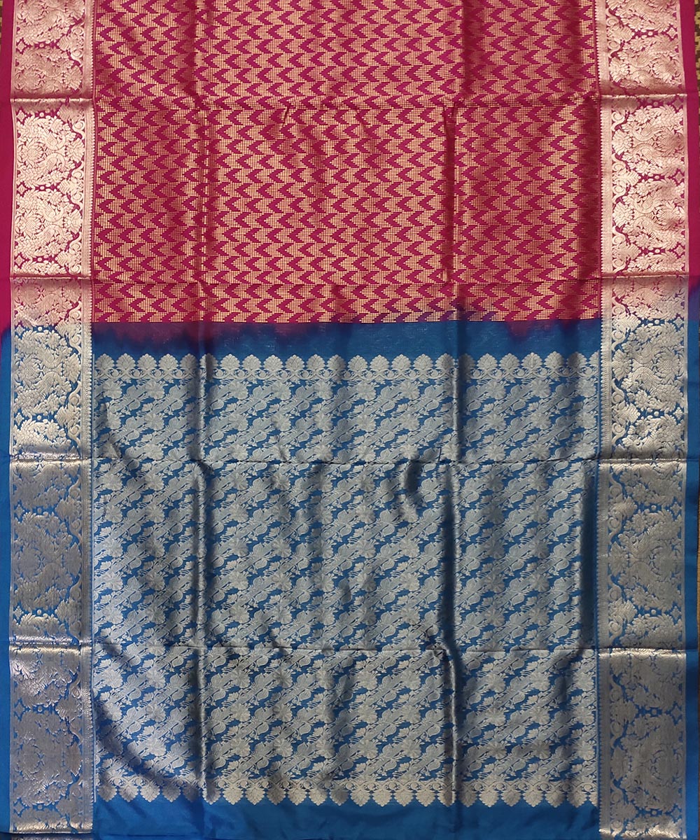 Cyan blue red handwoven silk venkatagiri saree