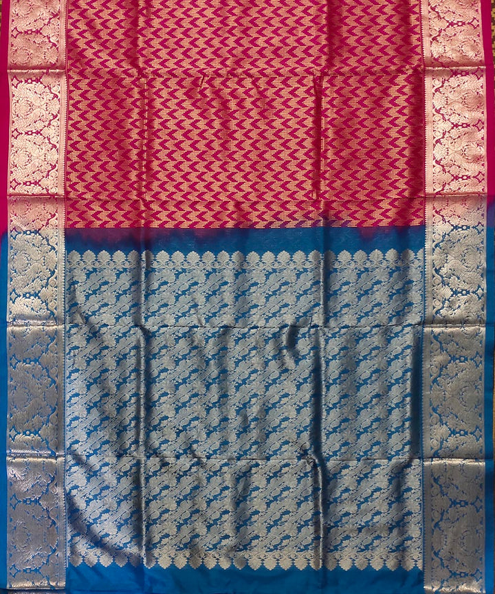 Cyan blue red handwoven silk venkatagiri saree