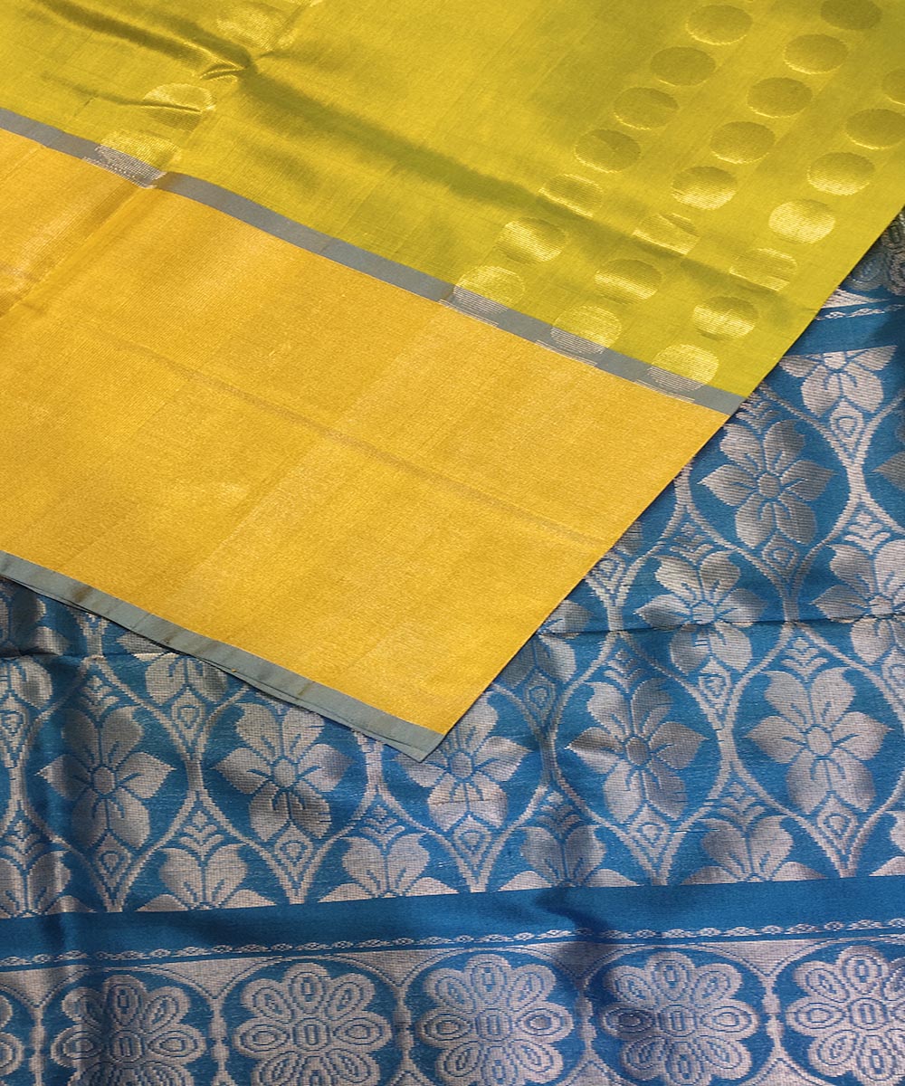 Lemon yellow blue handwoven silk venkatagiri saree