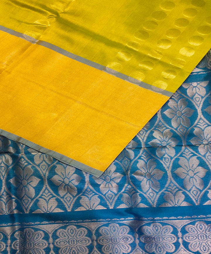 Lemon yellow blue handwoven silk venkatagiri saree