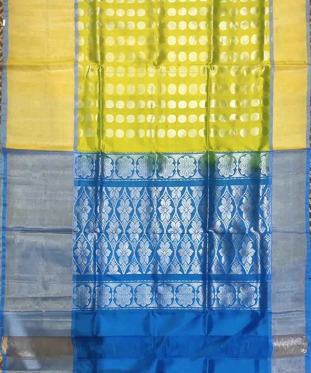 Lemon yellow blue handwoven silk venkatagiri saree