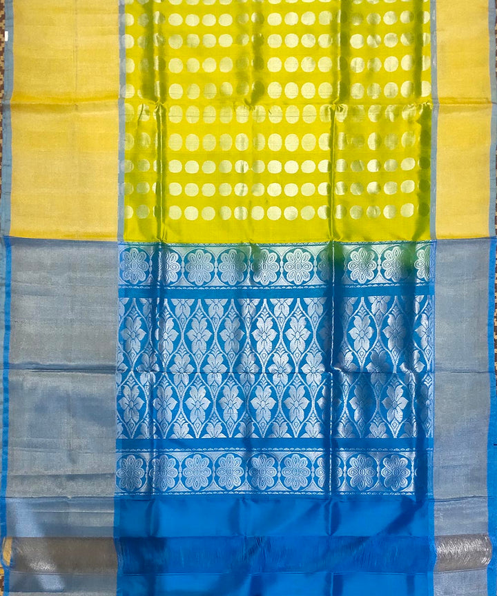 Lemon yellow blue handwoven silk venkatagiri saree