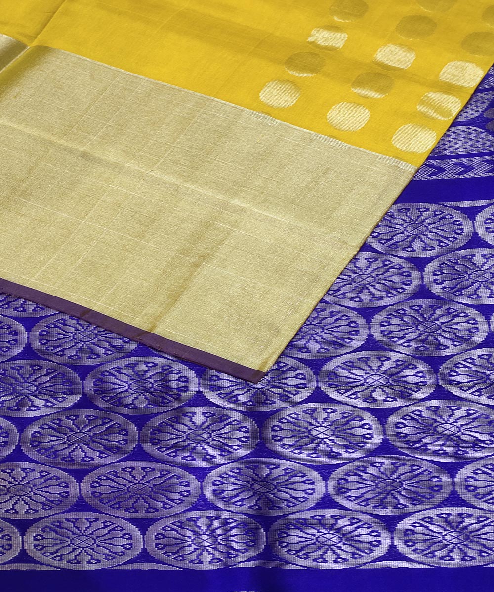 Lemon yellow dark blue handwoven silk venkatagiri saree