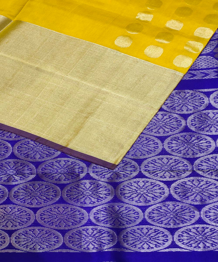 Lemon yellow dark blue handwoven silk venkatagiri saree