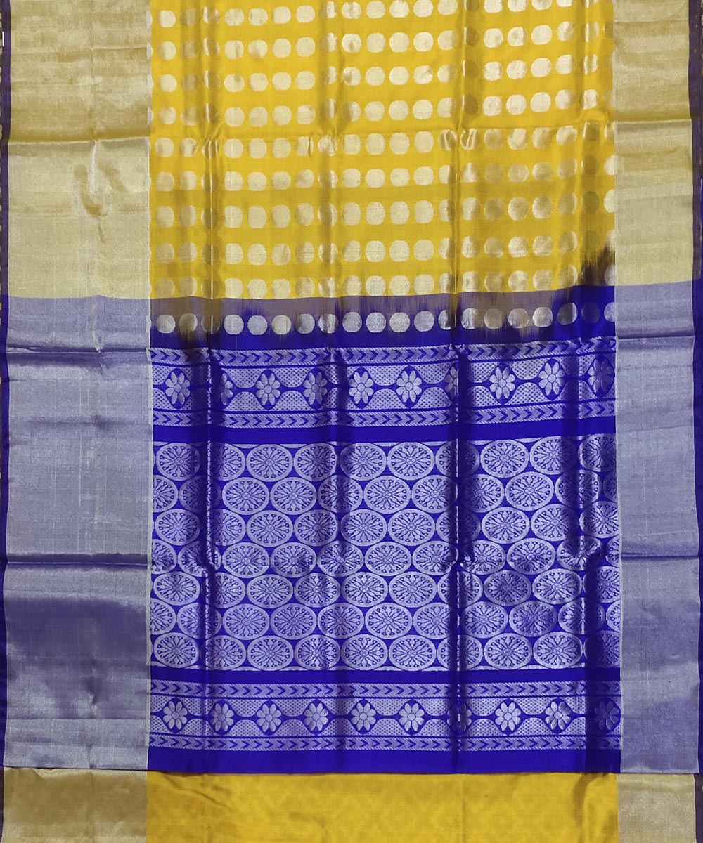 Lemon yellow dark blue handwoven silk venkatagiri saree