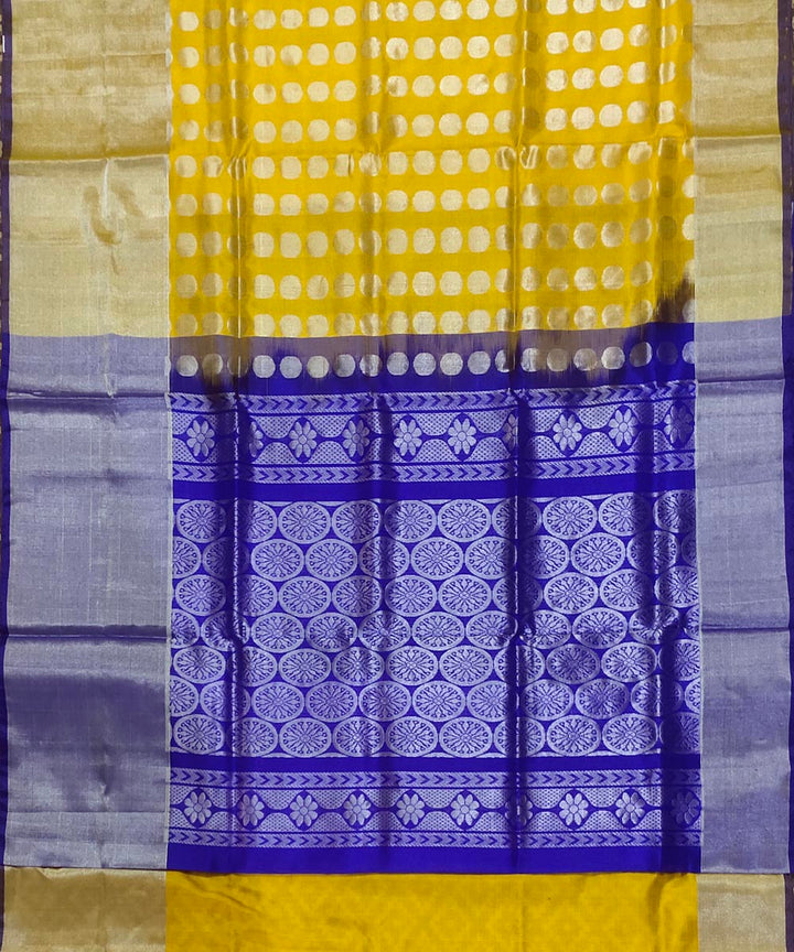 Lemon yellow dark blue handwoven silk venkatagiri saree