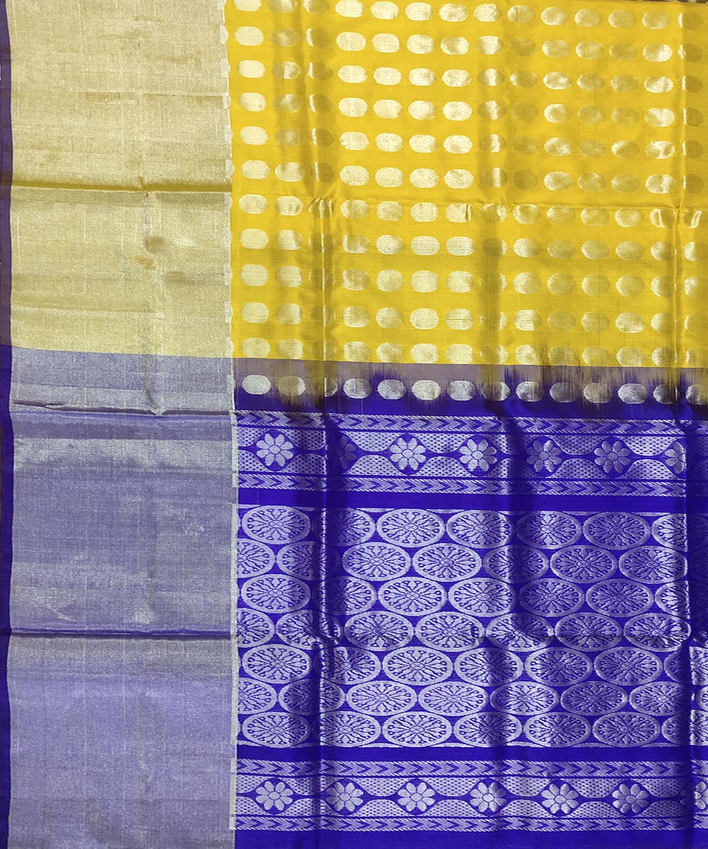 Lemon yellow dark blue handwoven silk venkatagiri saree