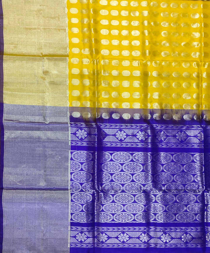 Lemon yellow dark blue handwoven silk venkatagiri saree