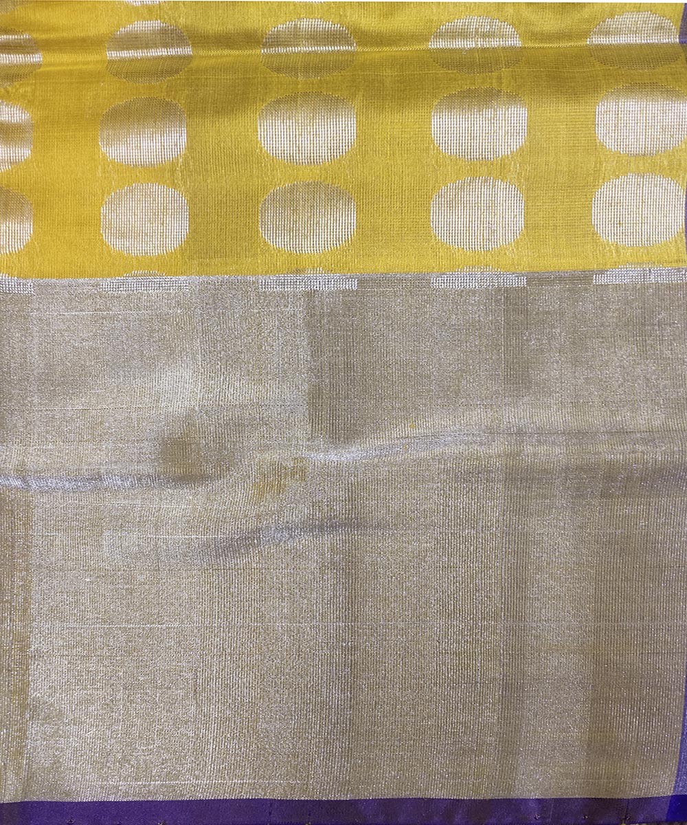 Lemon yellow dark blue handwoven silk venkatagiri saree