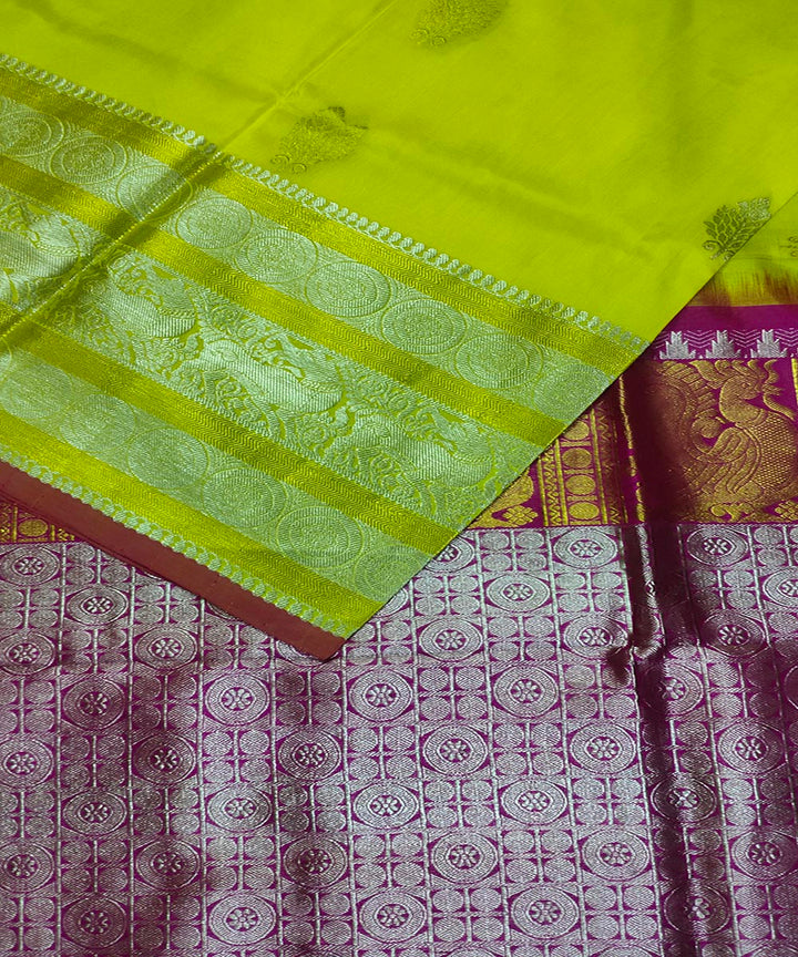 Lime yellow pink handwoven silk venkatagiri saree
