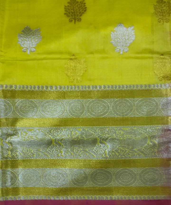 Lime yellow pink handwoven silk venkatagiri saree