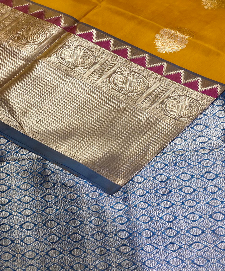 Mustard blue handwoven silk venkatagiri saree