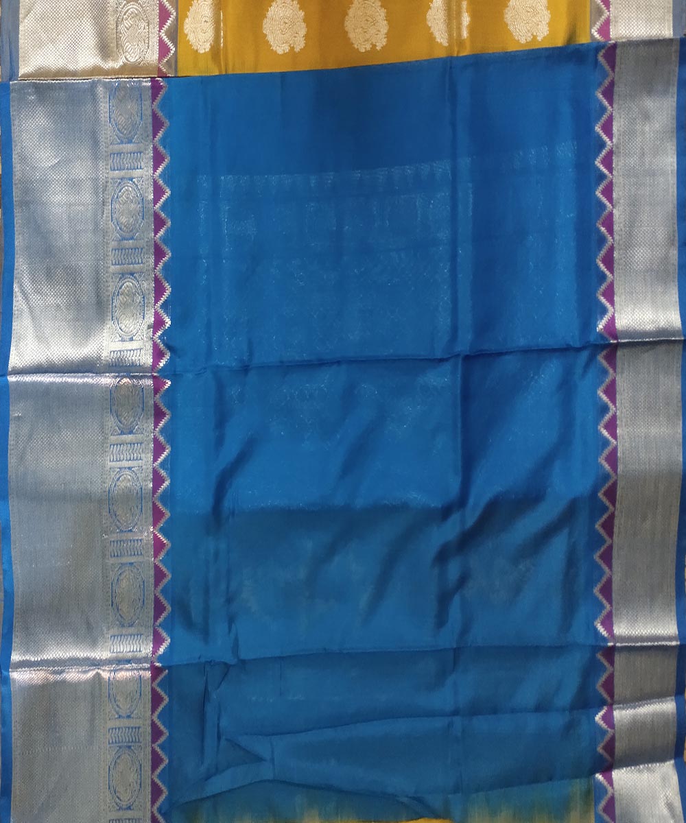 Mustard blue handwoven silk venkatagiri saree