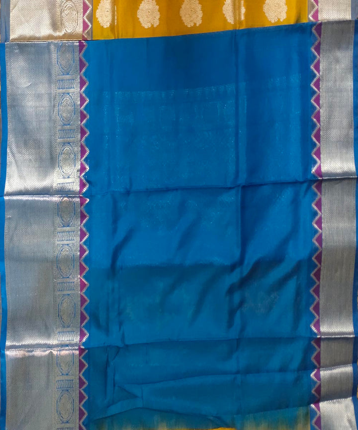 Mustard blue handwoven silk venkatagiri saree