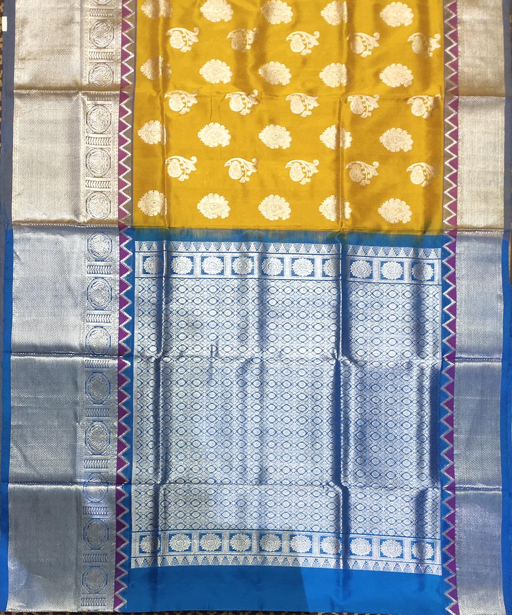 Mustard blue handwoven silk venkatagiri saree