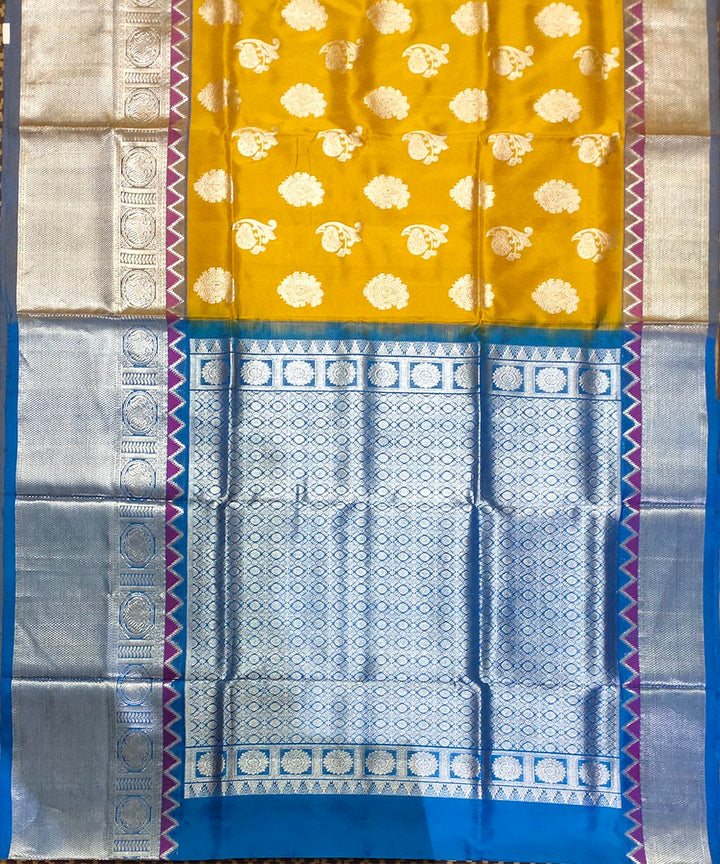 Mustard blue handwoven silk venkatagiri saree