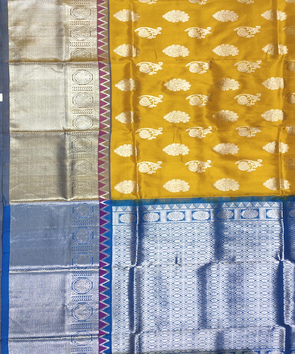 Mustard blue handwoven silk venkatagiri saree