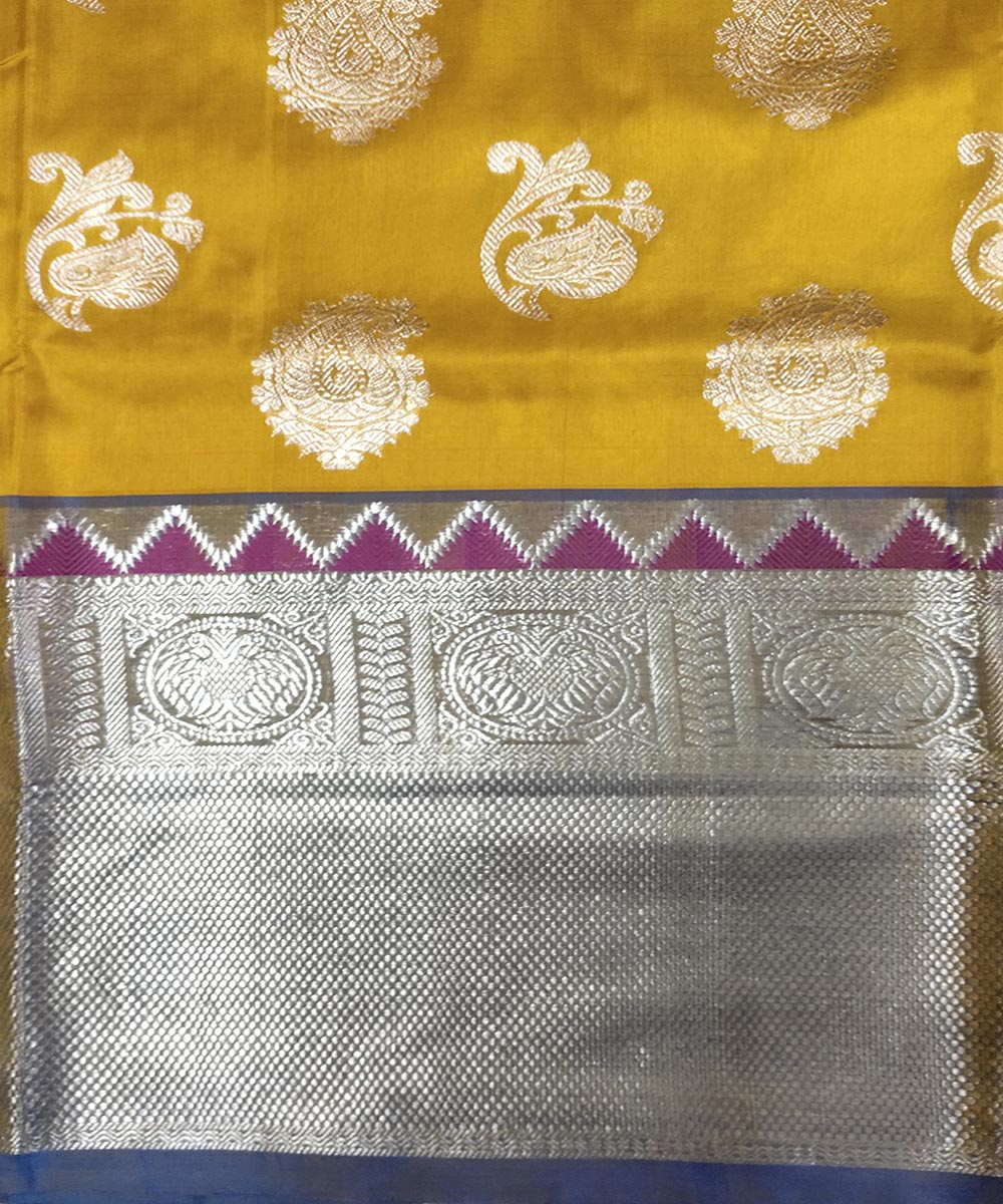 Mustard blue handwoven silk venkatagiri saree