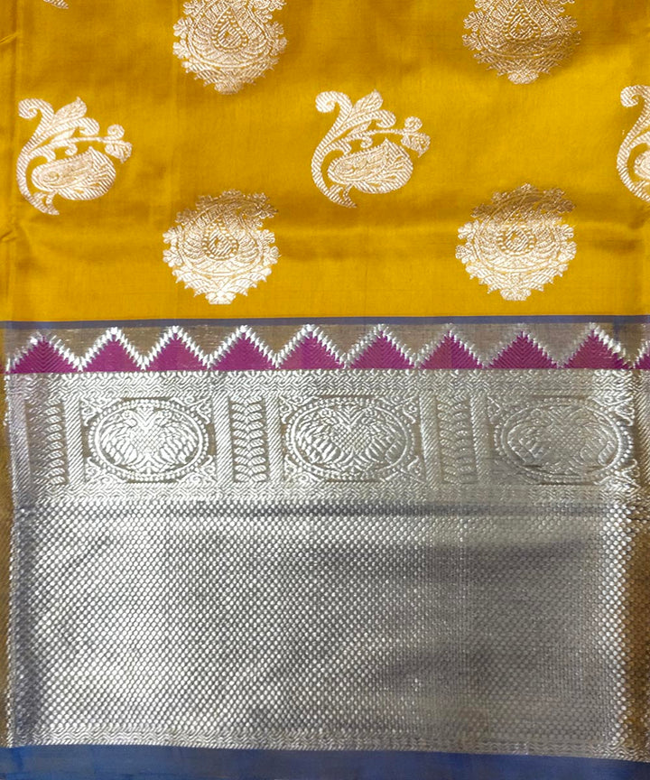 Mustard blue handwoven silk venkatagiri saree