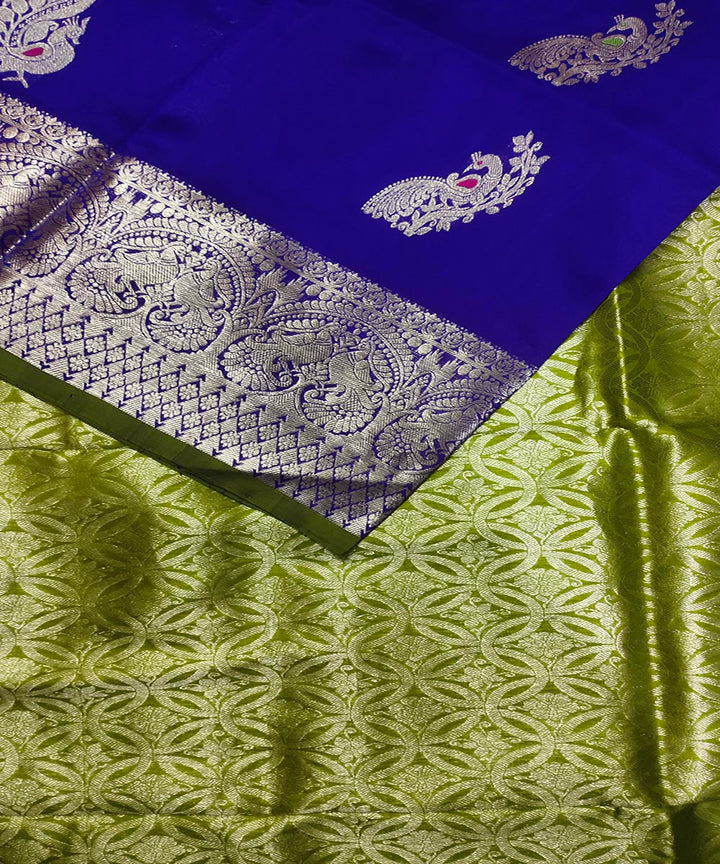 Royal blue olive green handwoven silk venkatagiri saree