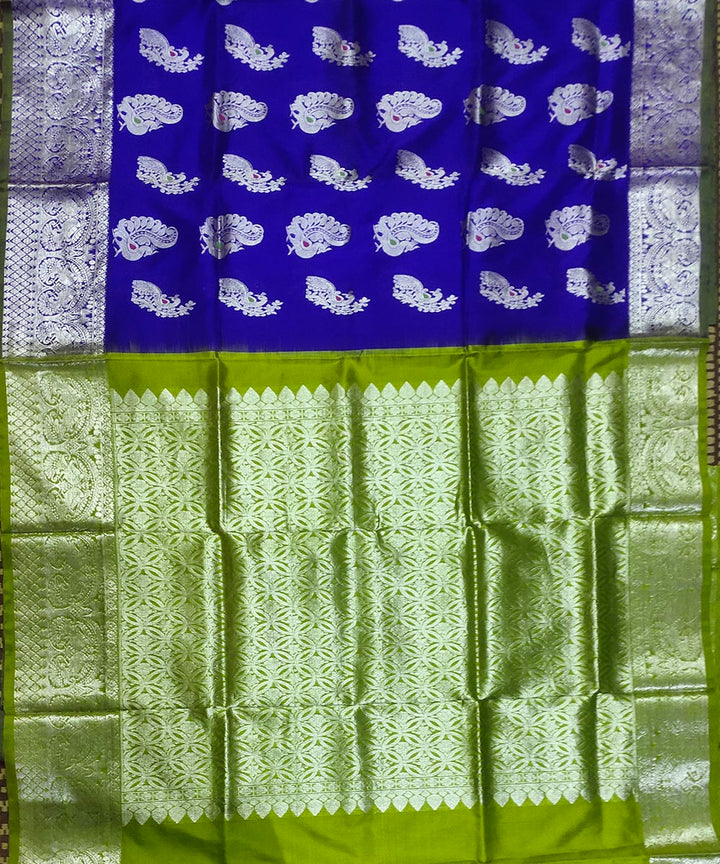 Royal blue olive green handwoven silk venkatagiri saree