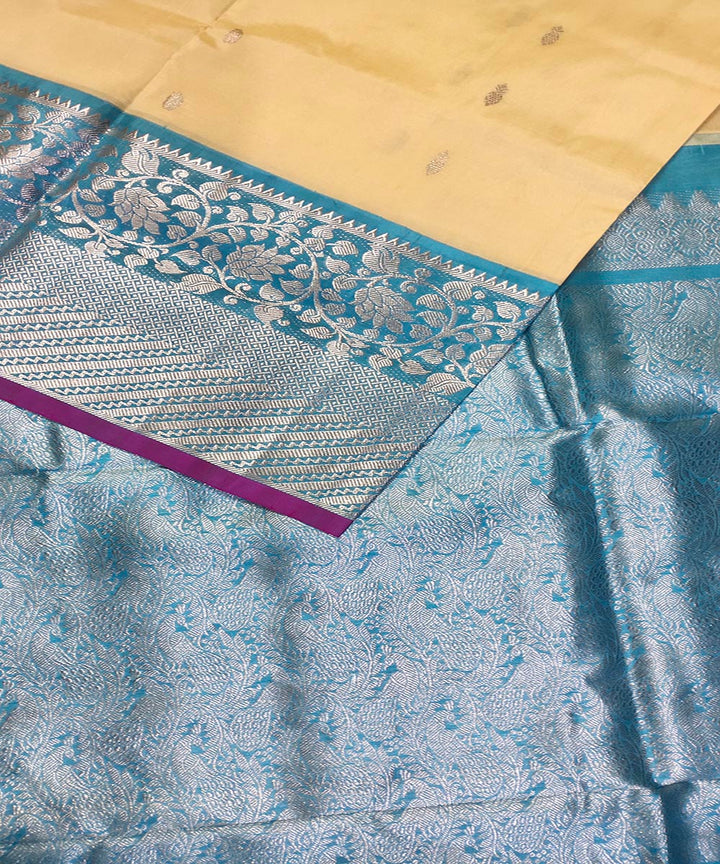 Cream light blue handwoven silk venkatagiri saree