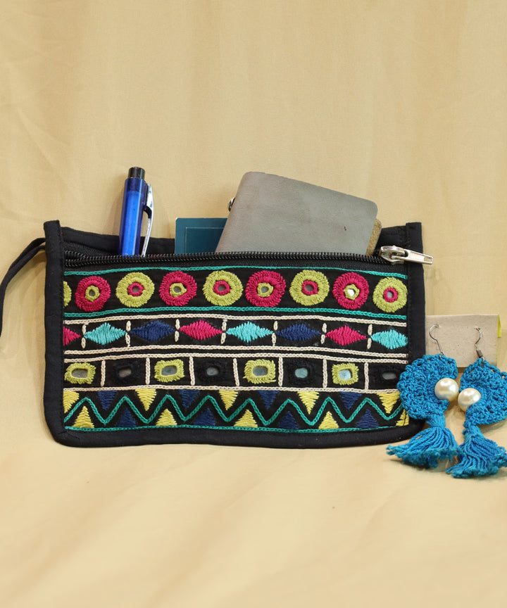 Black hand embroidered cotton pouch