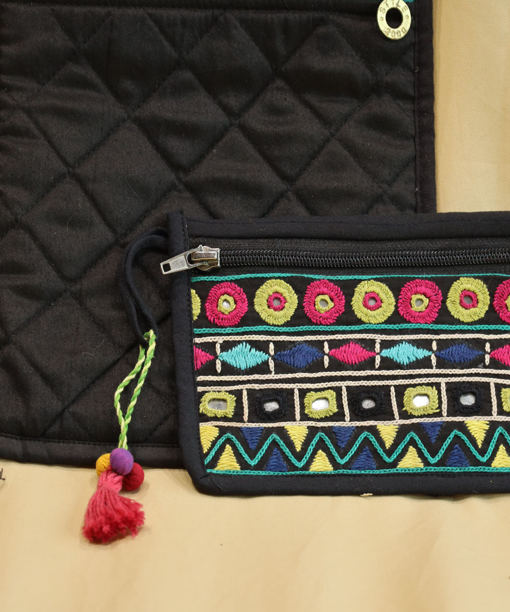 Black hand embroidered cotton pouch