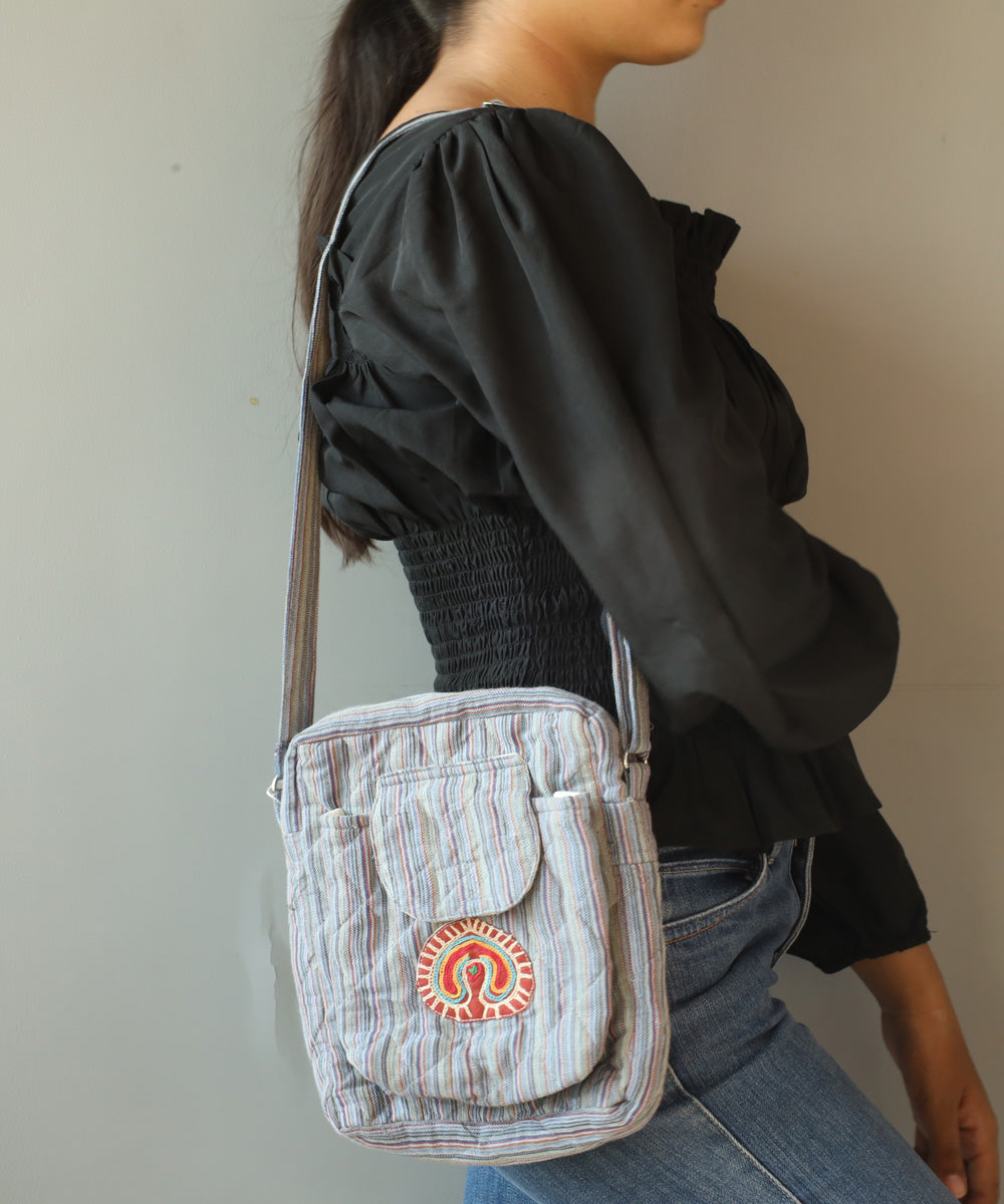 Grey hand embroidered cotton sling bag