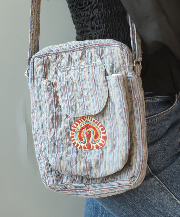 Grey hand embroidered cotton sling bag