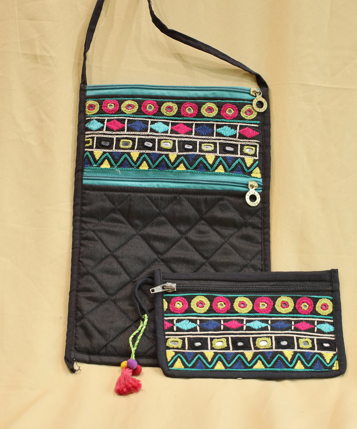 Black hand embroidered cotton sling bag