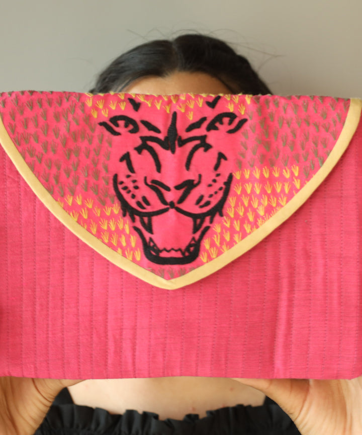 Pink hand embroidered cotton pouch