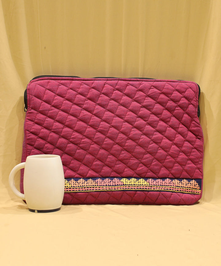 Dark pink hand embroidered cotton pouch