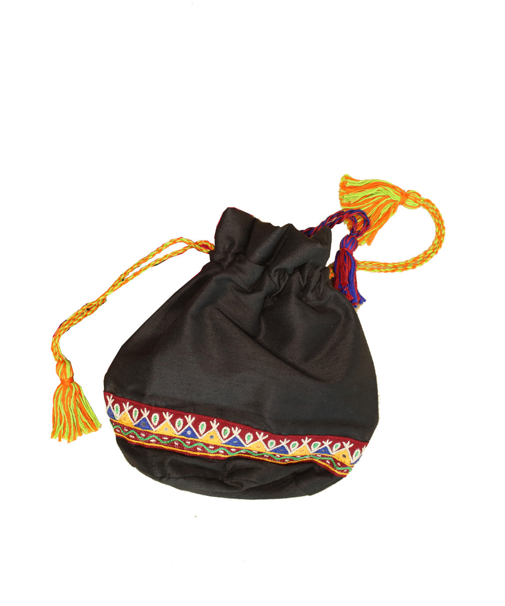 Black hand embroidered cotton potli