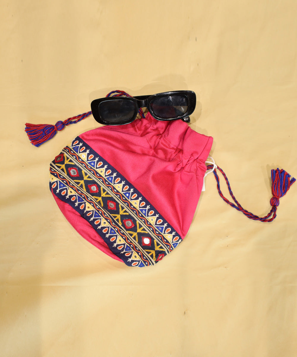 Pink hand embroidered cotton potli