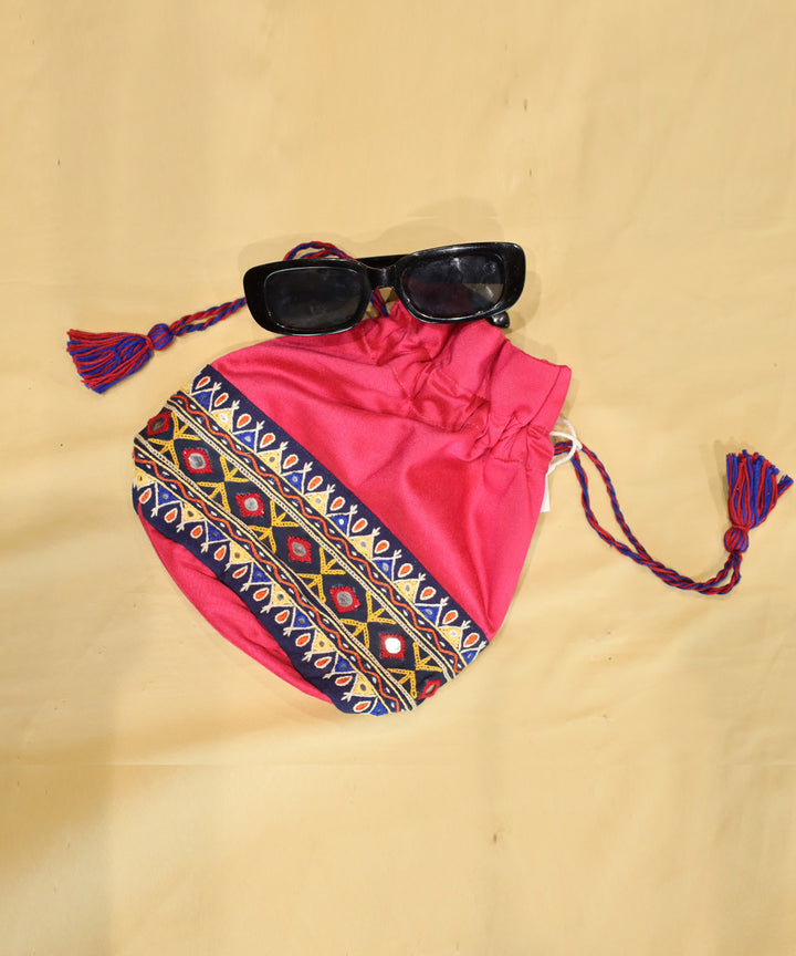 Pink hand embroidered cotton potli