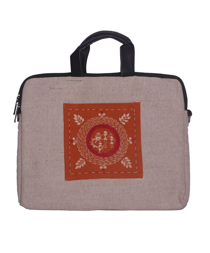 Beige orange handmade jute laptop bag